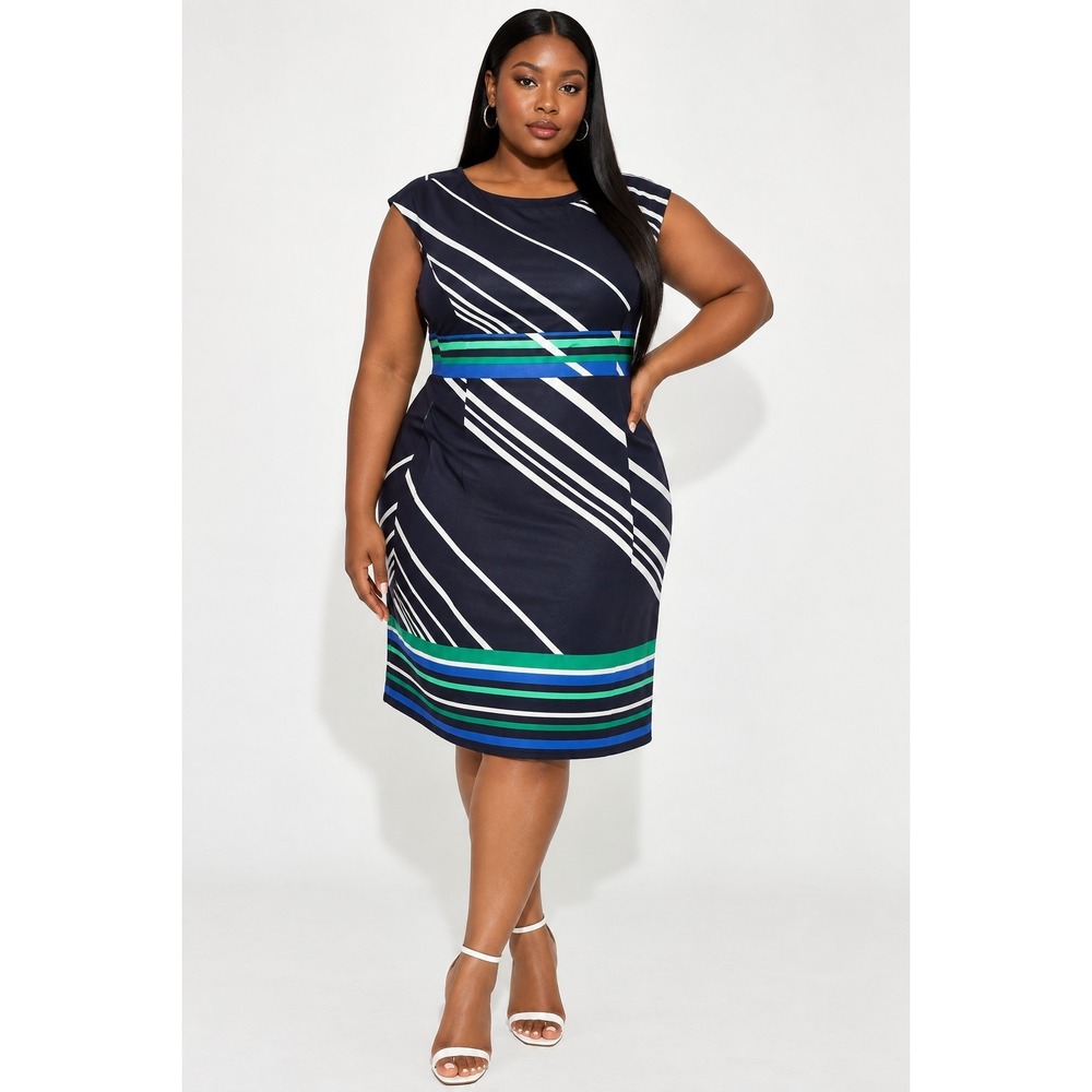 London Times Women's 16 Navy Blue Geometric Stripe Sheath Dress